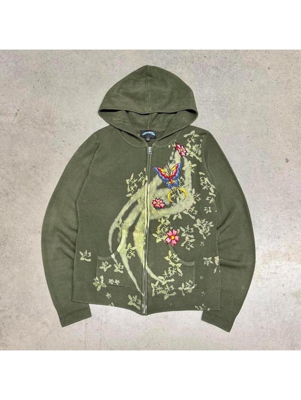 Vintage Till The End Zip Up Hoodie Womens Medium Green Butterfly Tribal Y2K